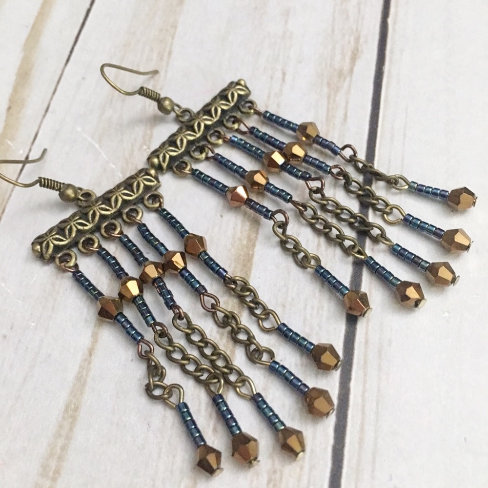 Blue and bronze bohemian fringe dangle earrings